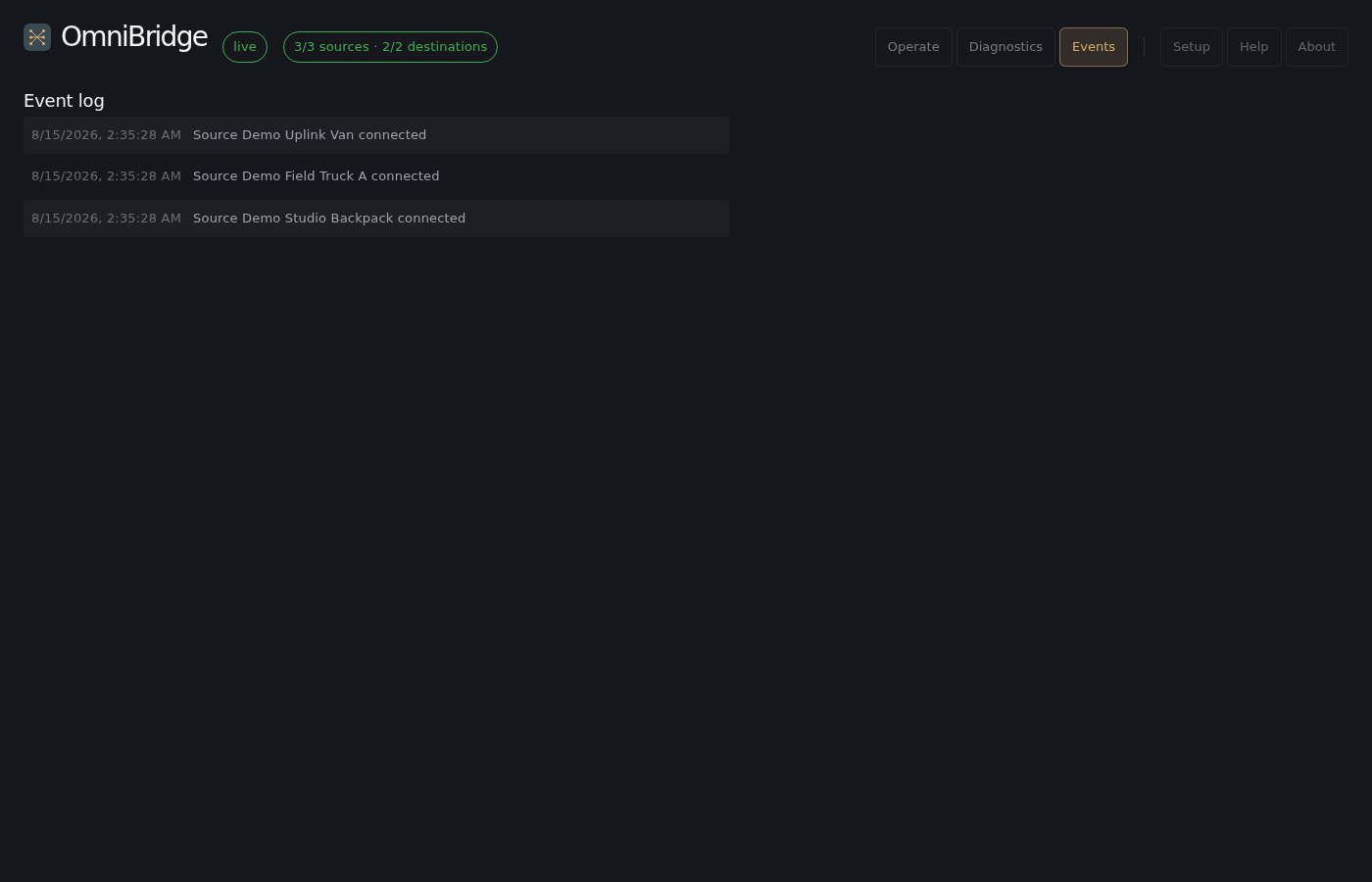 Events tab — a timestamped session log of routes, presets, and connect/disconnect