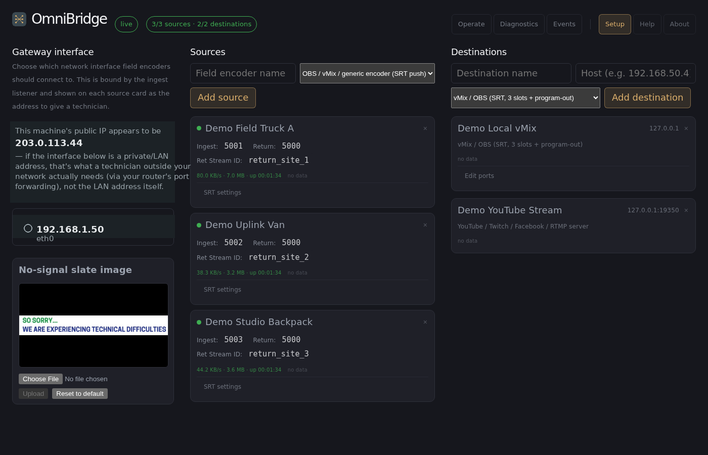 Setup tab — picking the gateway's network interface, alongside Sources and Destinations